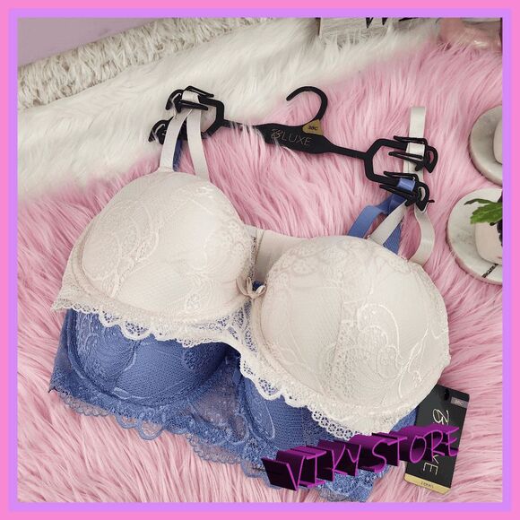 💖 NWT Bluxe White/Blue Lace 2Pack Lightly Lined Bra 38C #7227 💖 - Picture 1 of 7